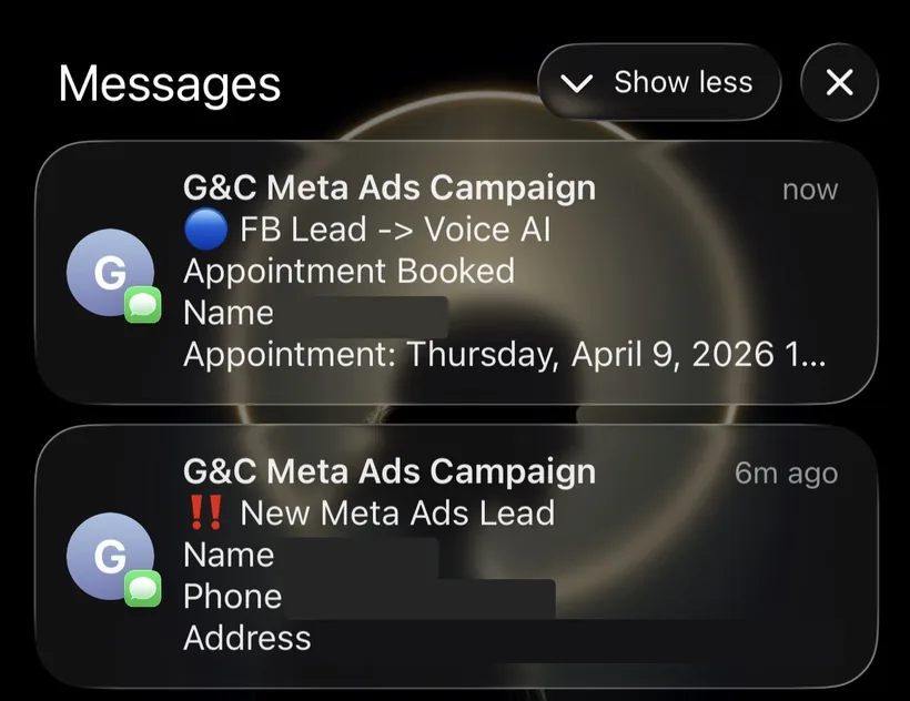 New Meta Ads lead to Voice AI booked appointment in under 10 minutes — client campaign.