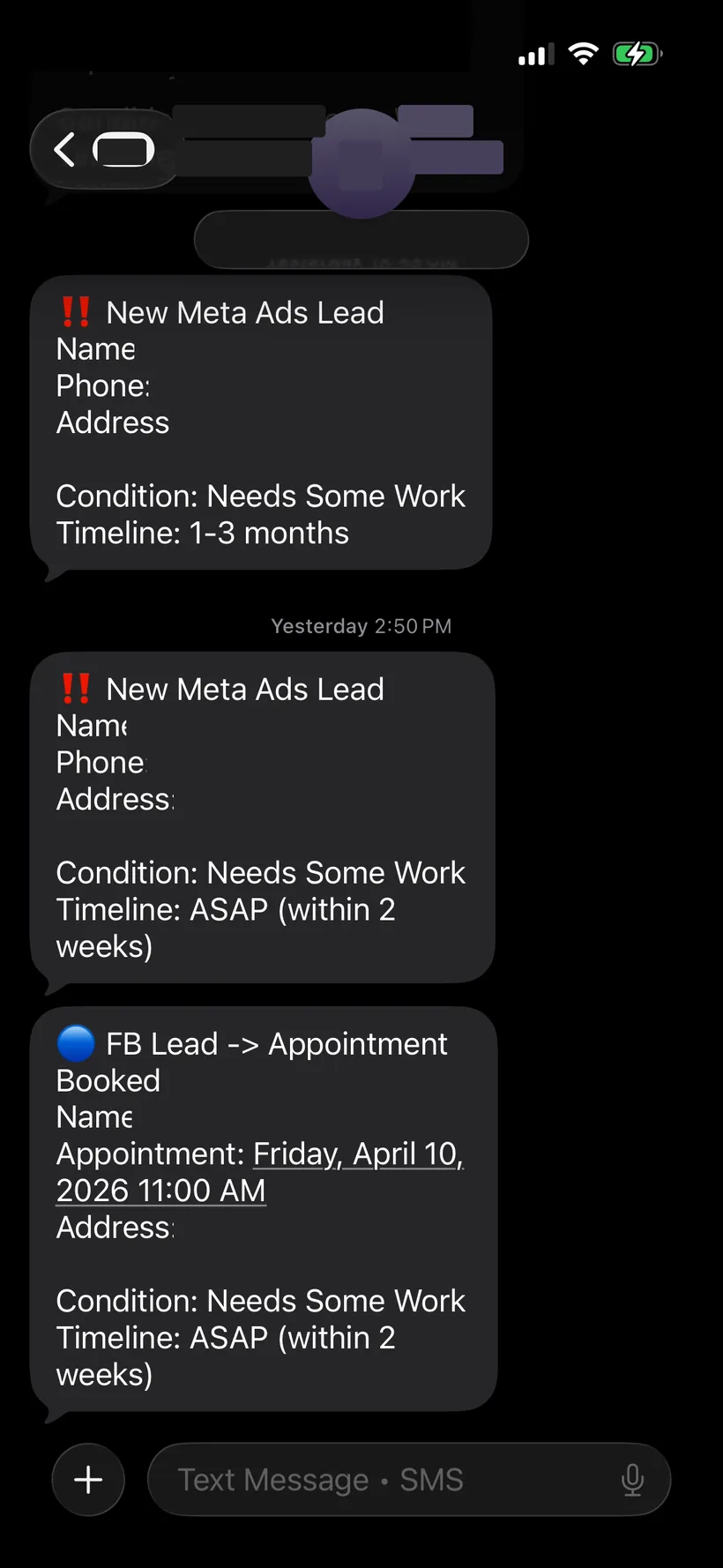 Client campaign thread — two new Meta leads and one booked seller appointment, ASAP timeline.