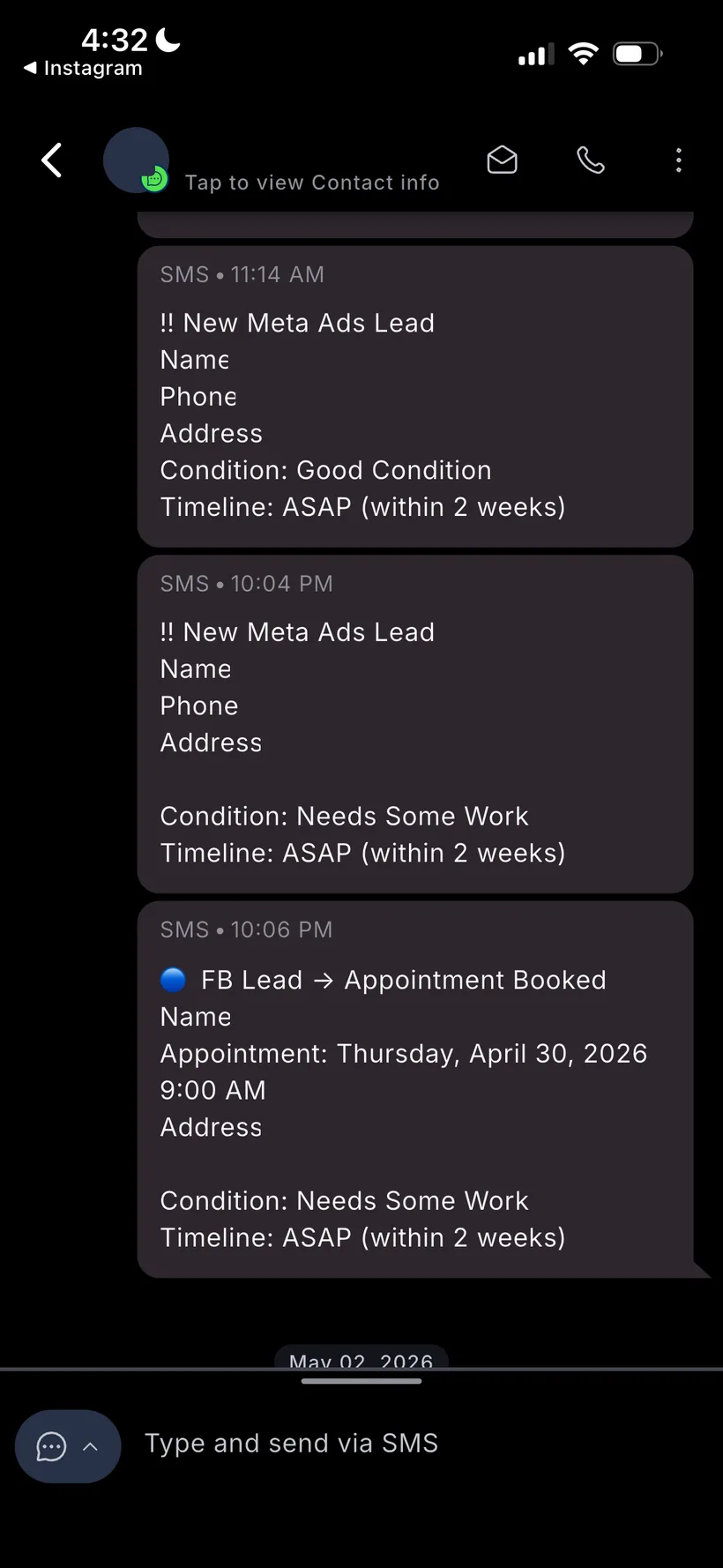 Lead in at 10:04 PM, appointment booked by 10:06 PM — same-night automated booking.