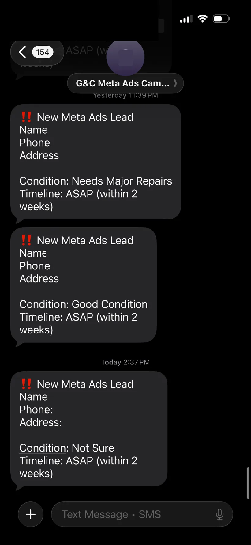 Back-to-back Meta Ads leads, all ASAP sellers — client campaign.