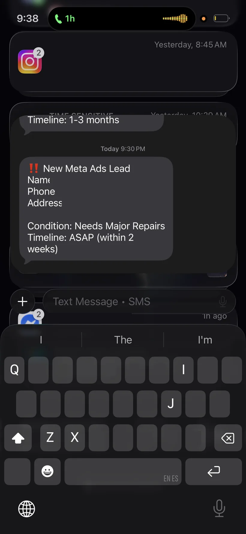 New Meta Ads lead — Eugene, Oregon seller, needs major repairs, ASAP timeline.