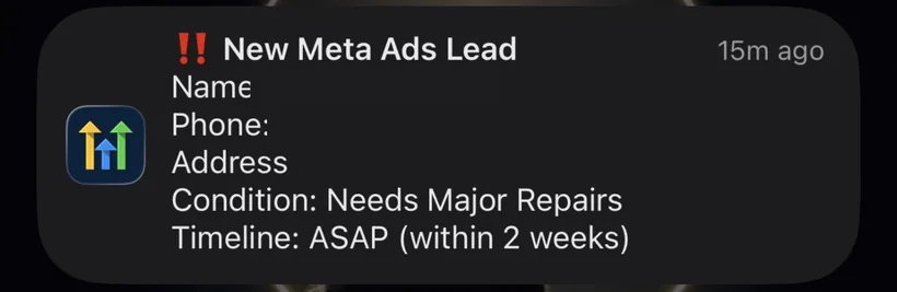 New Meta Ads lead — needs-major-repairs property, ASAP timeline.