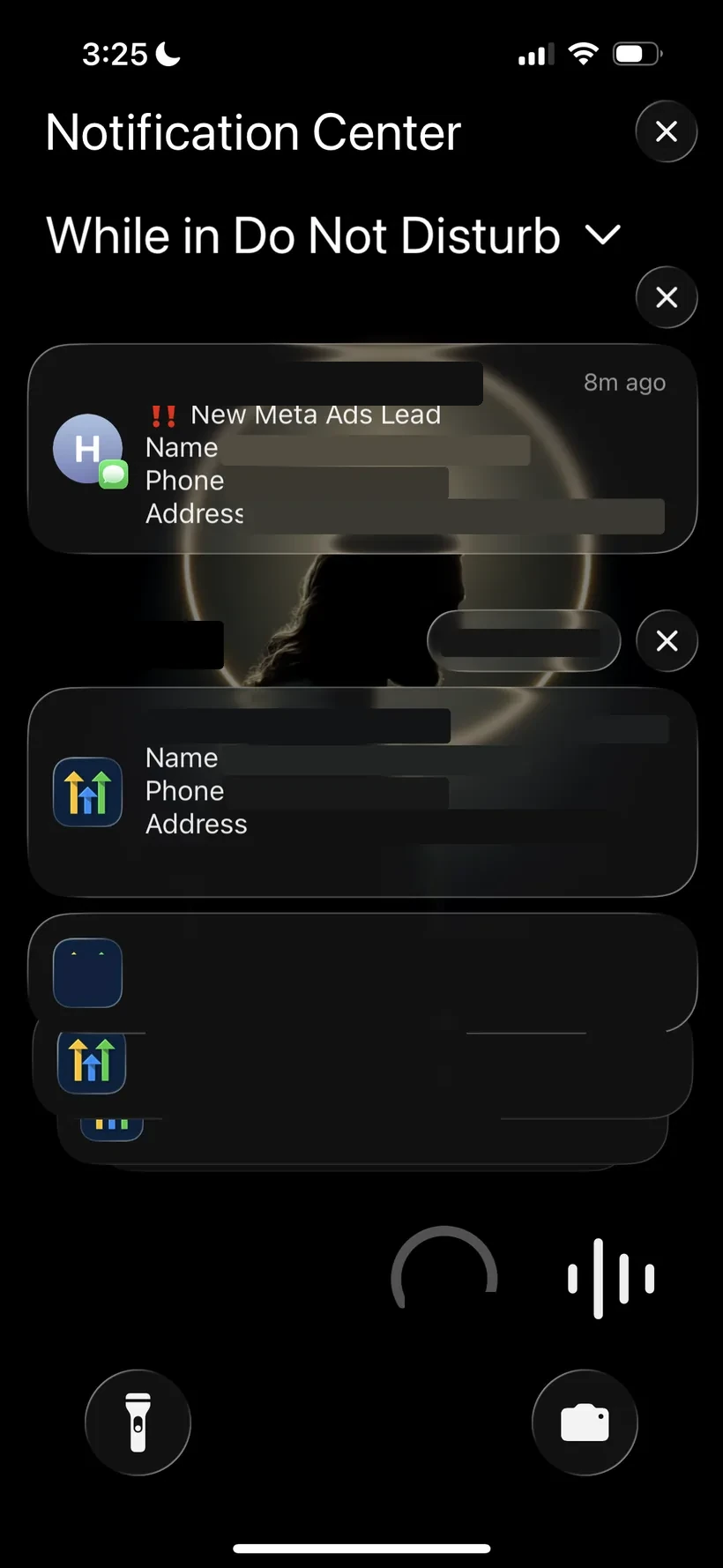 New Meta Ads lead hitting both SMS and HighLevel push notifications in real time, with lead replies stacking underneath.
