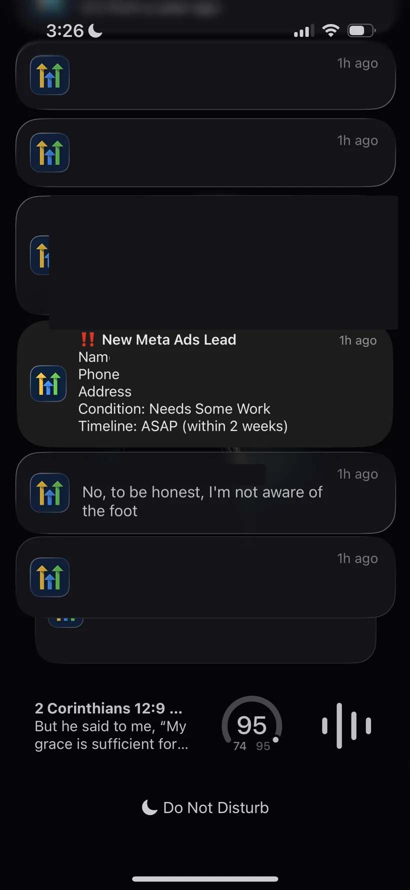 Meta Ads lead notification with active lead conversations stacking around it in HighLevel.