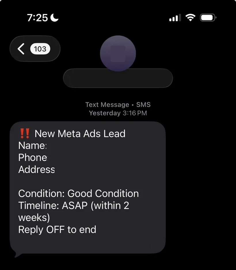 New Meta Ads lead SMS on a client campaign - Kingwood, Texas homeowner, ASAP timeline.