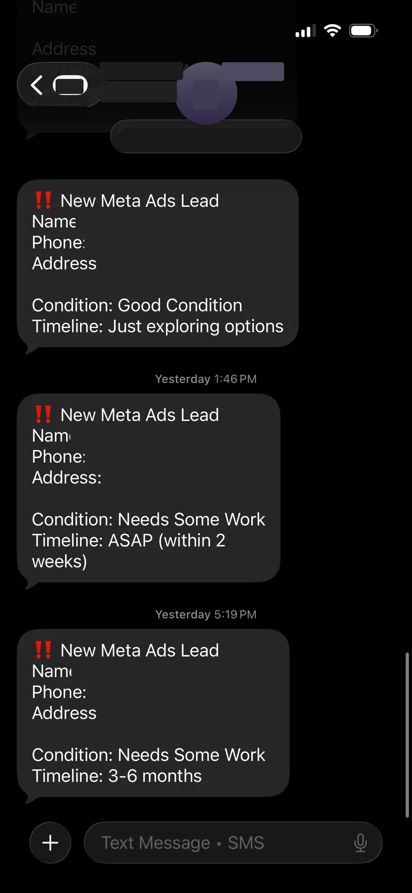 Three Meta Ads leads over two days in a client account - NC, Ohio, and Texas homeowners.